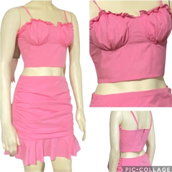 SHEIN Tops - SHEIN bubblegum pink bustier corset top/skirt set sz XS